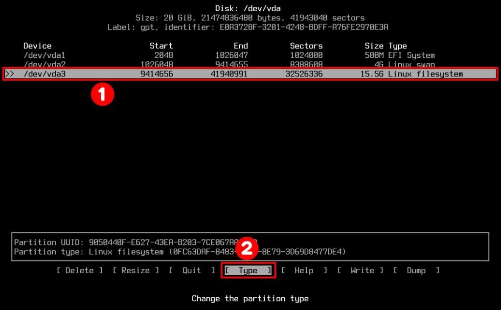 Set root partition type.