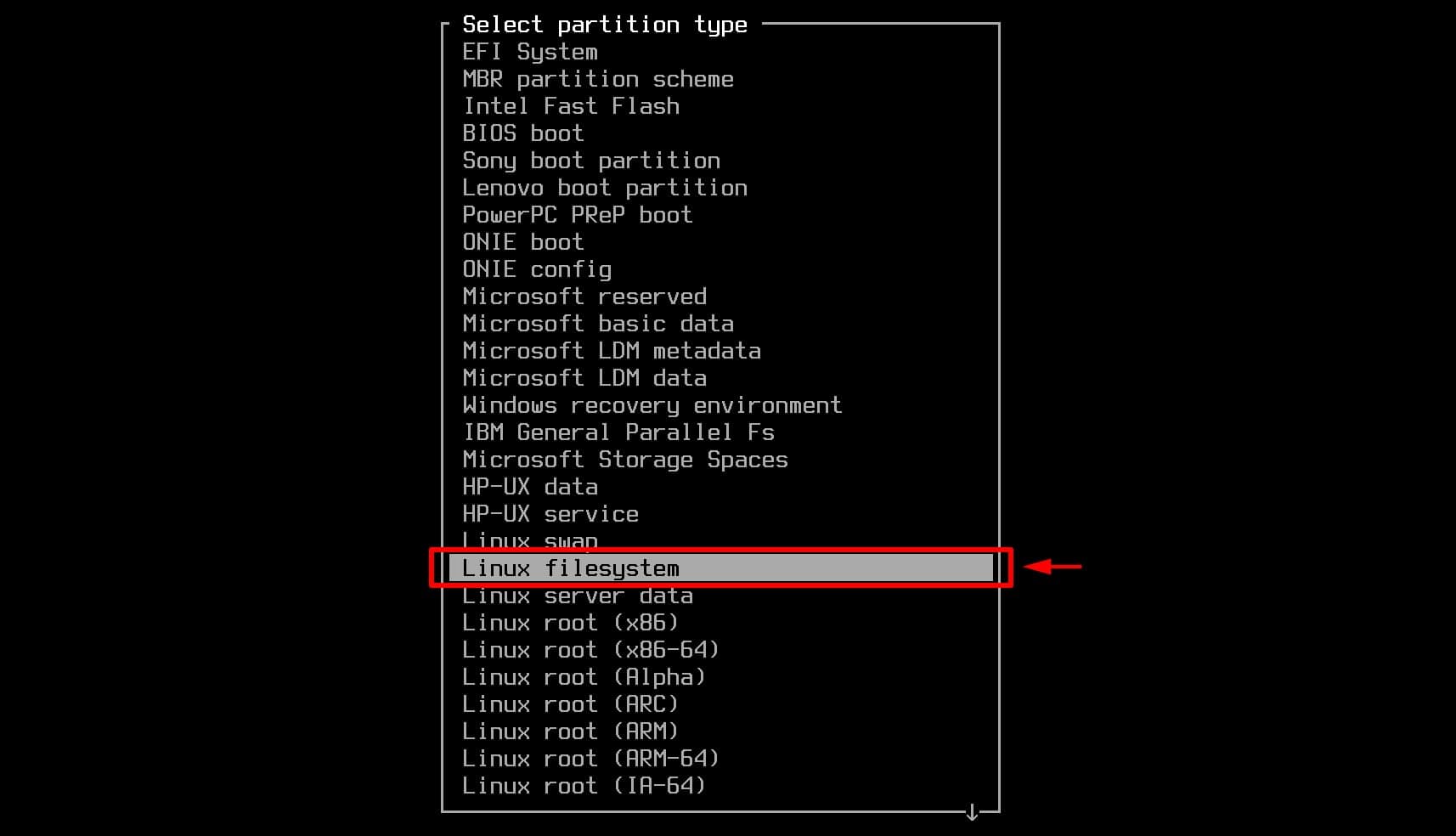 Set root partition type.