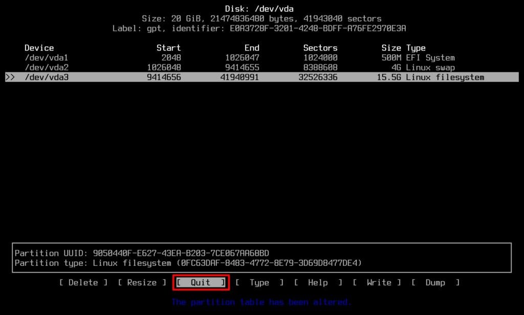 Exit the cfdisk partitioning rool.