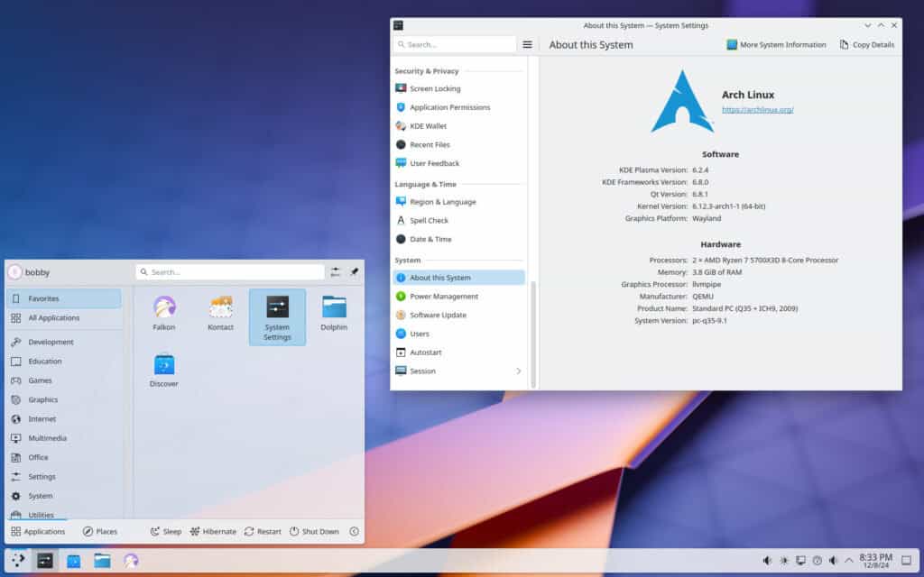 Arch Linux with KDE Plasma 6 desktop environment.