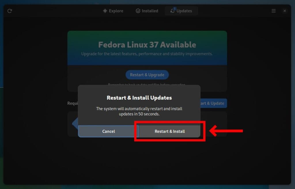 Restart and start Fedora 37 upgrade process