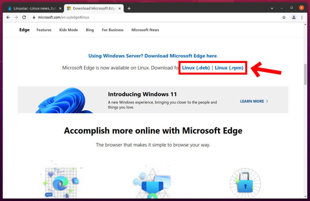 Microsoft Edge Download Page for the Linux Version of the Browser