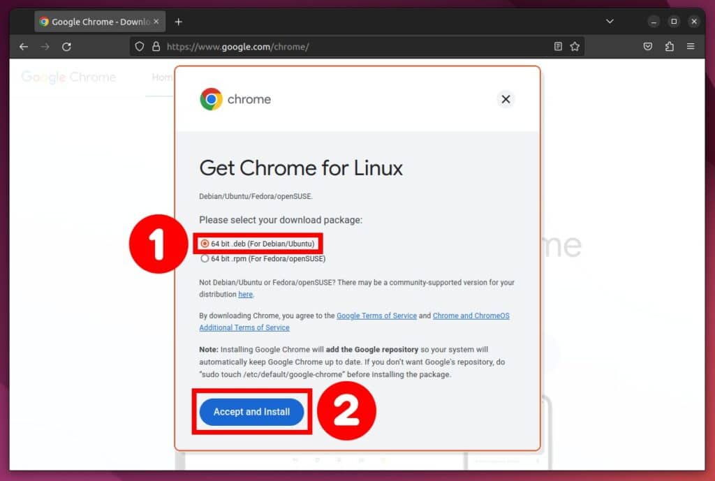 Download the Google Chrome Linux installation package.