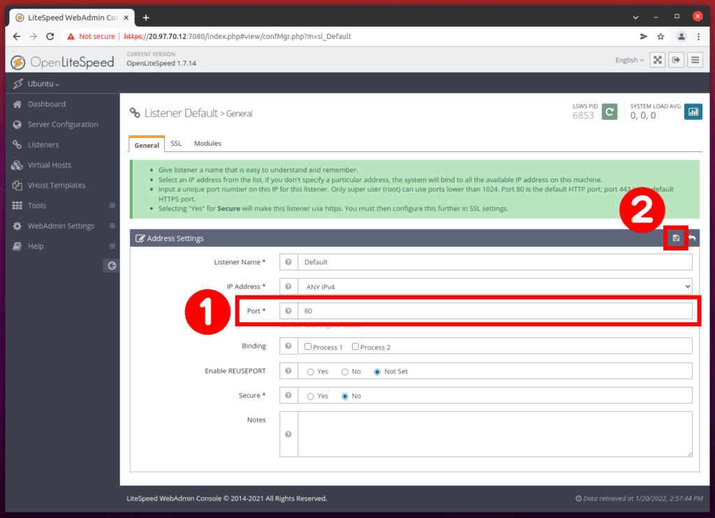 Change the OpenLiteSpeed Default Port from 8088 to 80