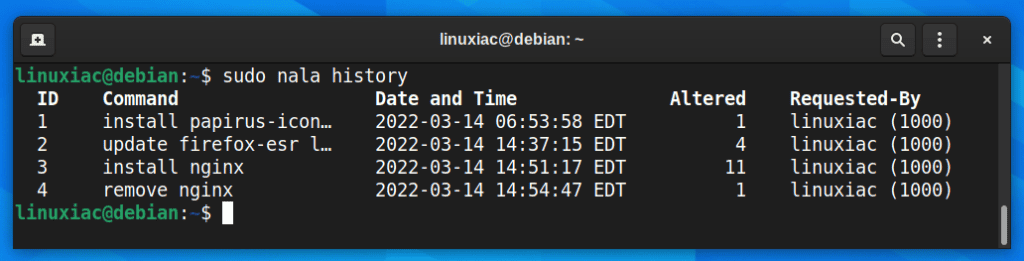 Past Transactions of Packages Installed via Nala