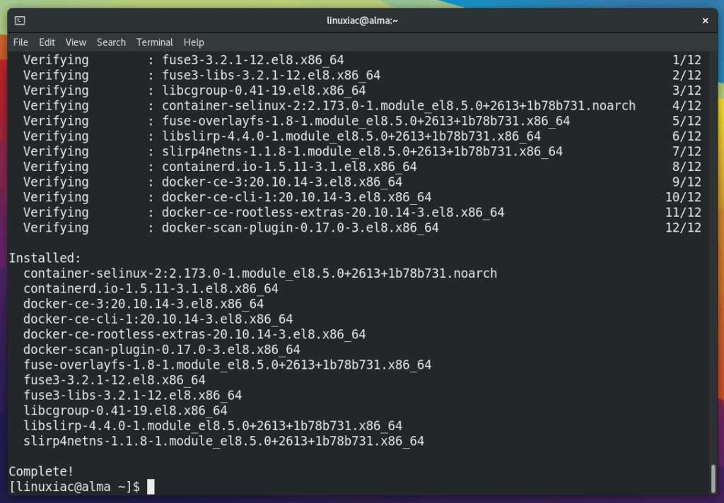 Docker successfully installed on AlmaLinux / Rocky Linux