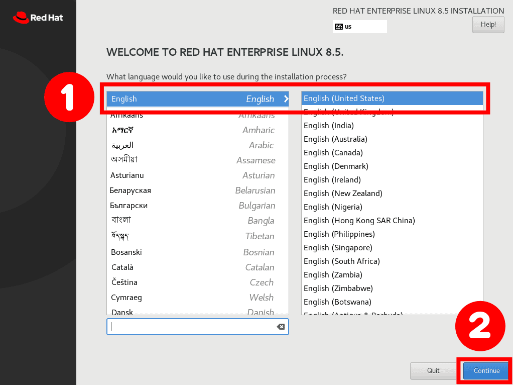 Choose your preferred language for RHEL 8 installation