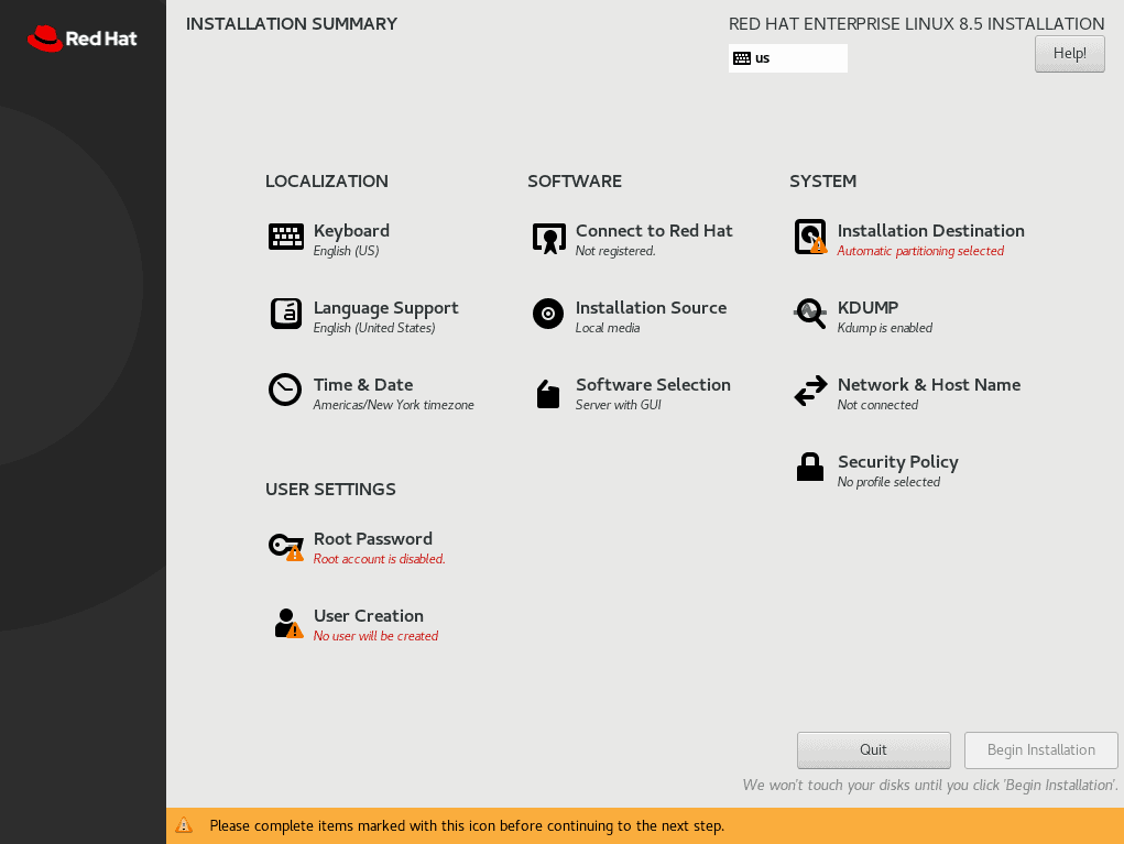 RHEL 8 Installation Settings