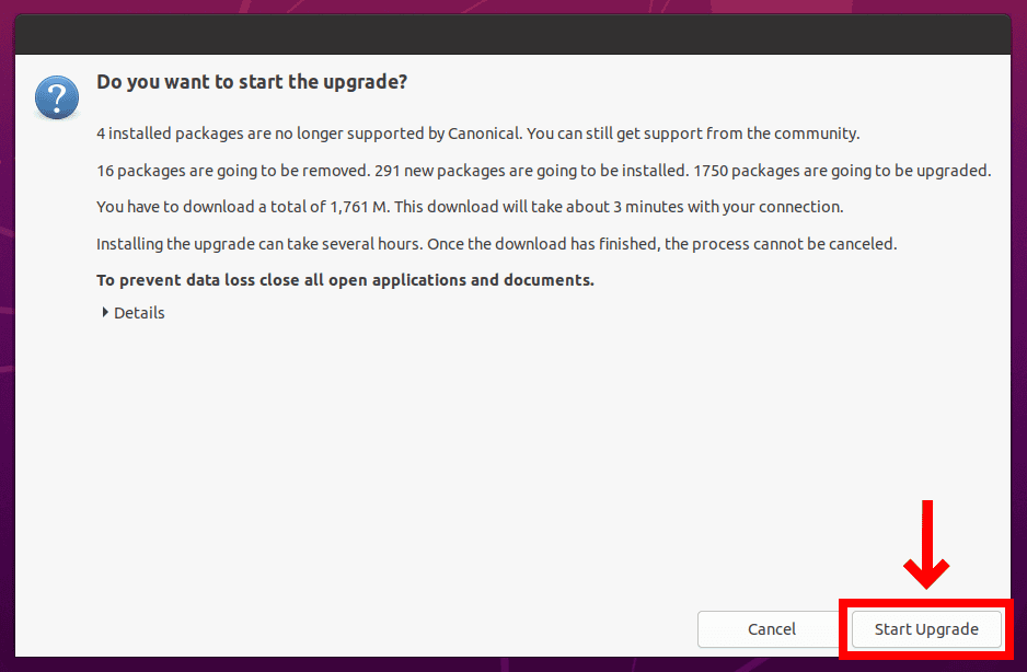 Starting of the upgrade process from Ubuntu 20.04 to Ubuntu 22.04