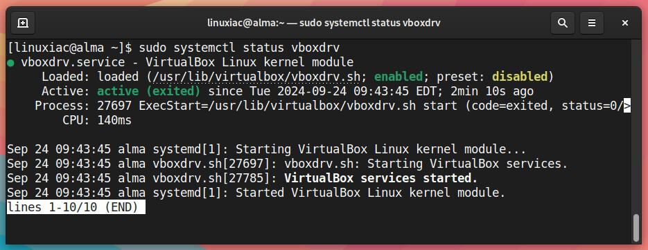 Checking VirtualBox's Linux kernel module service status.