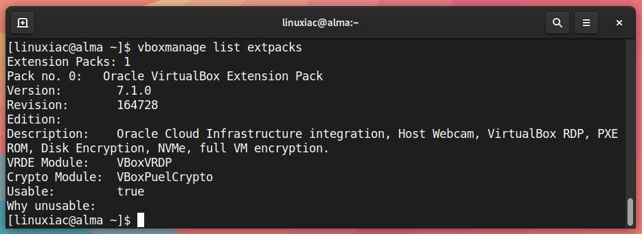 List the installed VirtualBox Extension Packs.