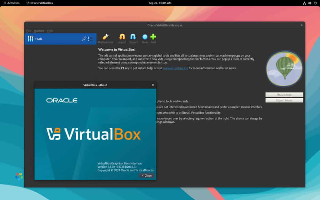 VirtualBox 7.1 running on AlmaLinux / Rocky Linux.