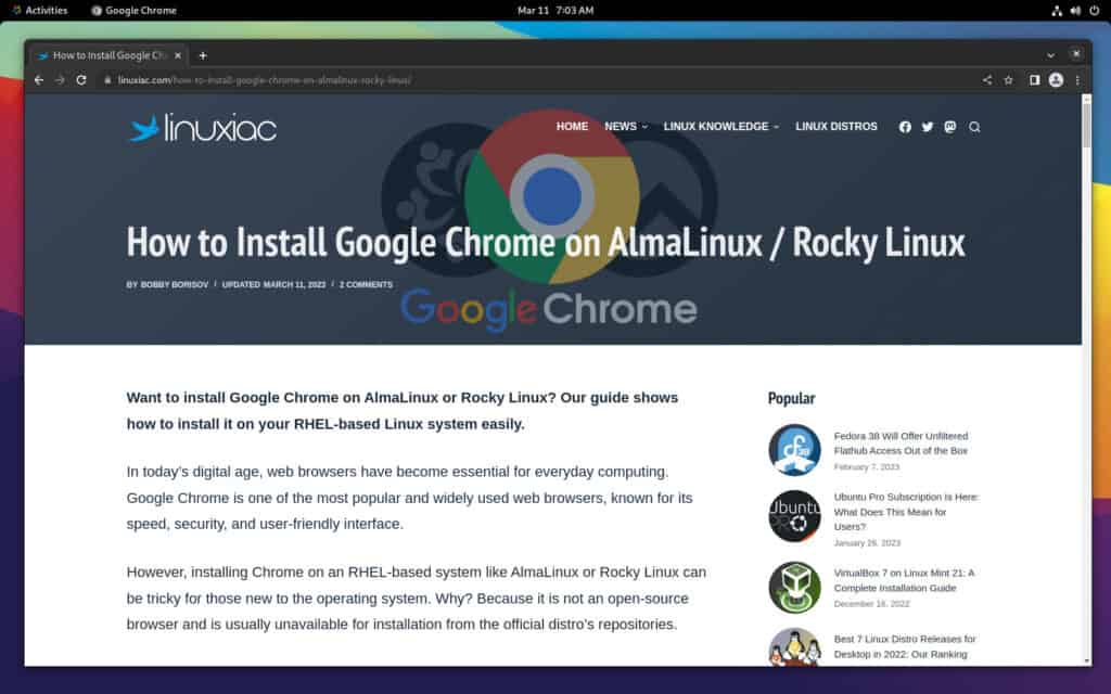 Google Chrome running on AlmaLinux / Rocky Linux.