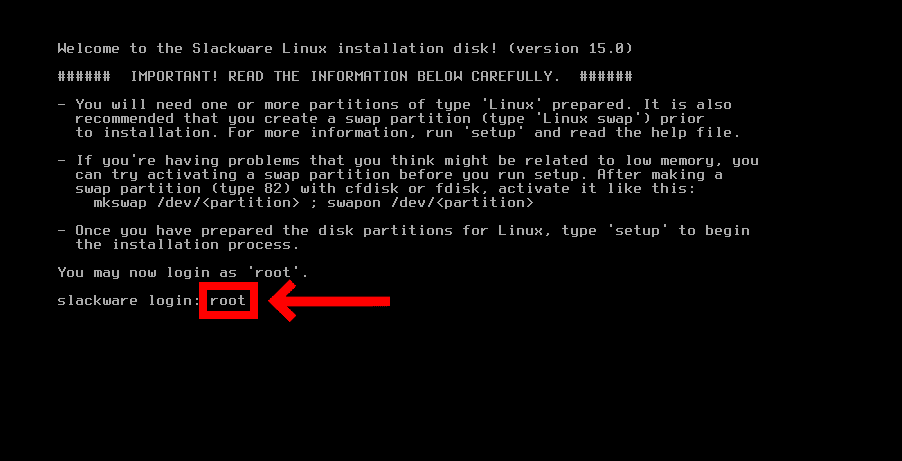 Log in into Slackware 15 Installer
