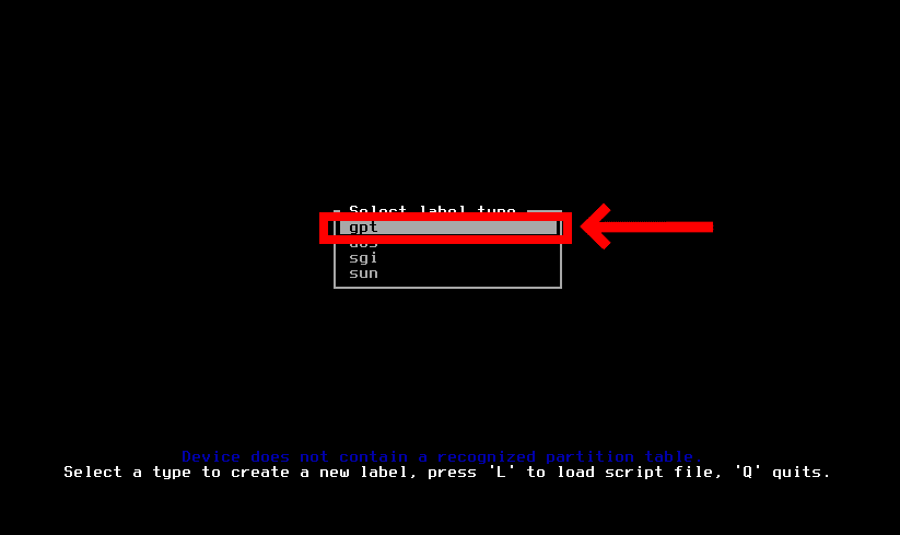 Setting up GPT partition type