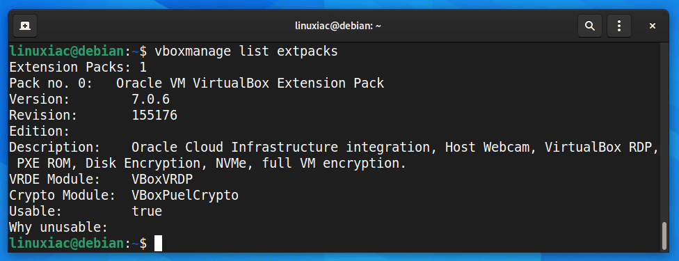 List installed VirtualBox Extension Packs