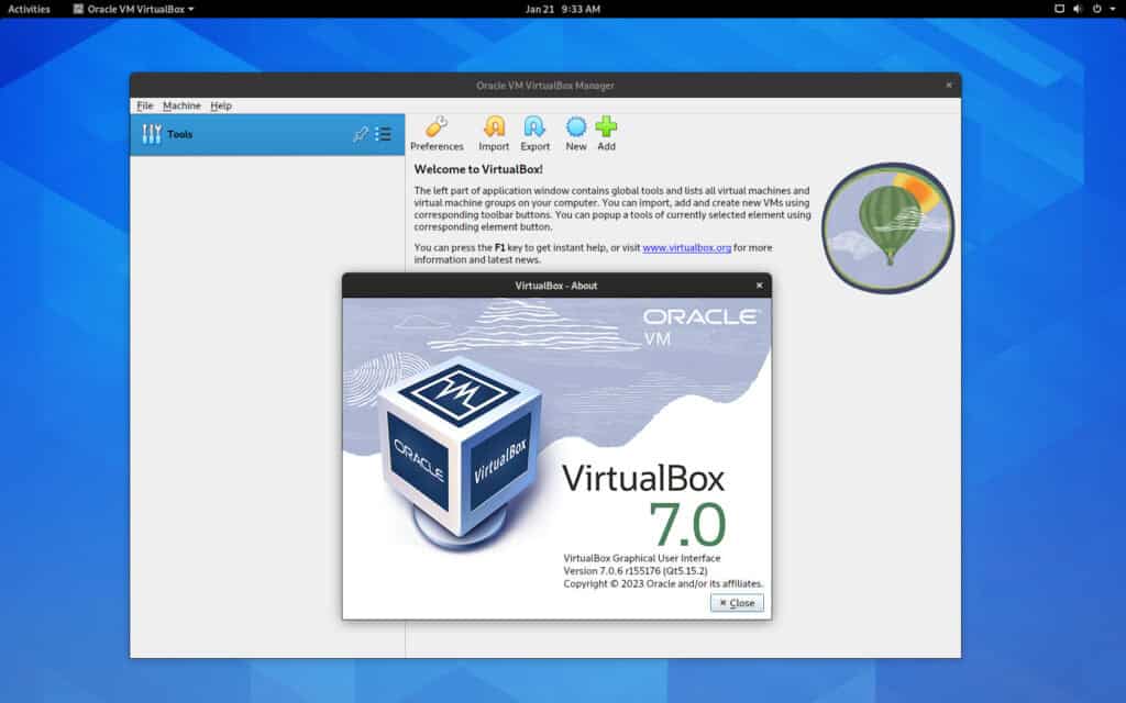 VirtualBox is installed and running on Debian 11.