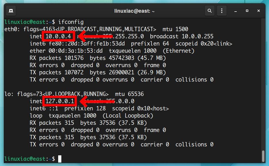 Find an IP address by using the ifconfig command