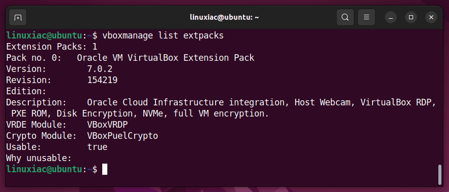 List installed VirtualBox Extension Pack version