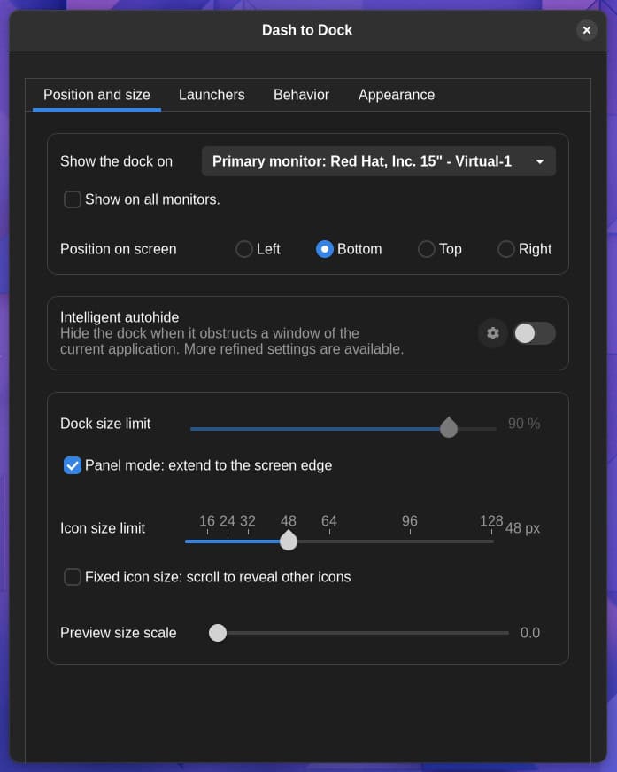 Dash to Dock Settings