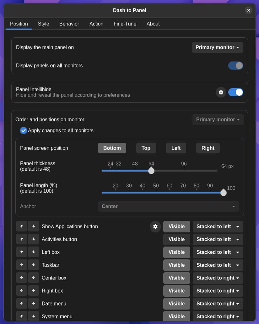 Dash to Panel Settings