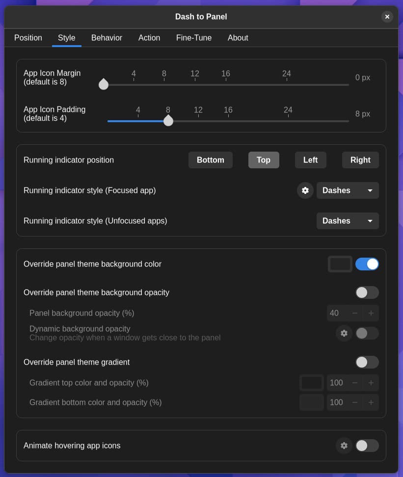 Dash to Panel Settings