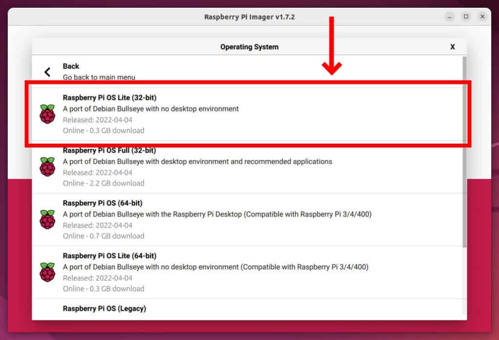 Selecting the Raspberry Pi operating system type