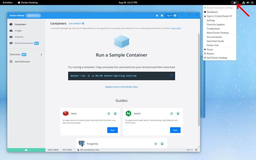 Docker Desktop running on Fedora Linux