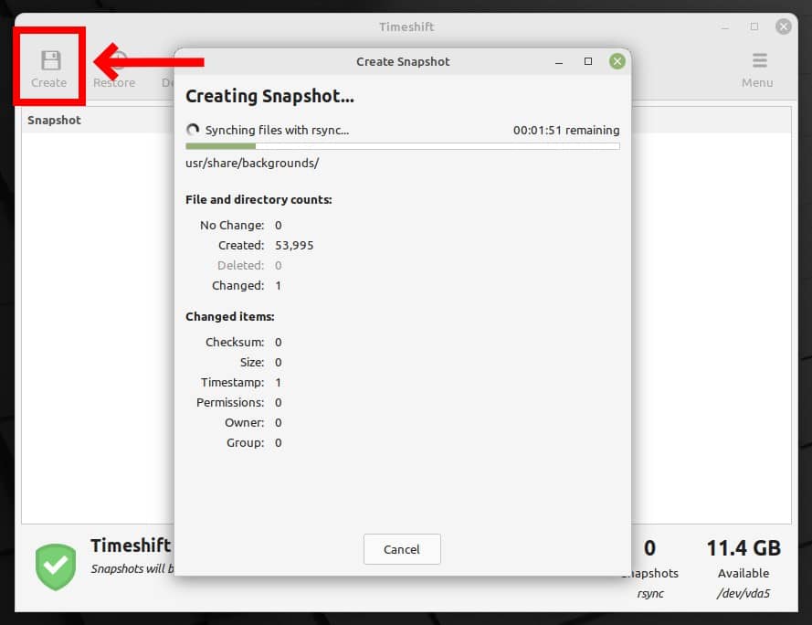 Taking a system snapshot using the Timeshift app