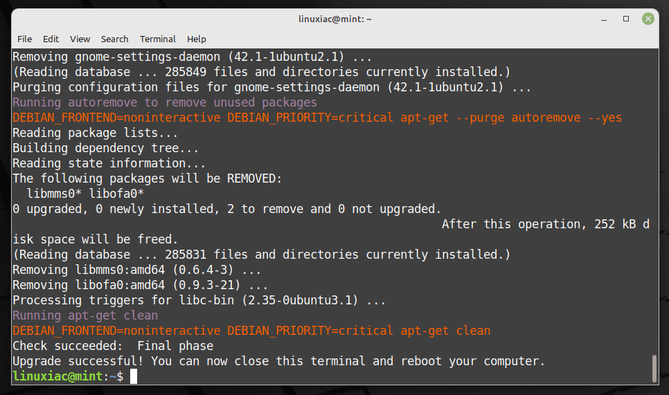 Upgrade process to Linux Mint 21 succeeded