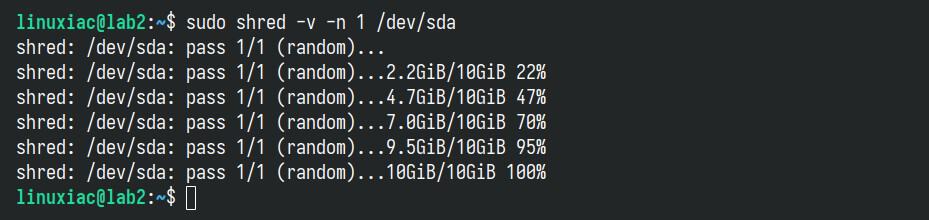 Erasing disk using shred command on Linux.