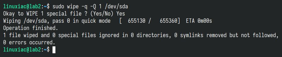 Erasing disk using wipe command on Linux.