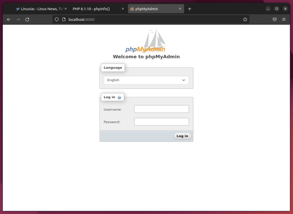 phpMyAdmin running via Docker Compose