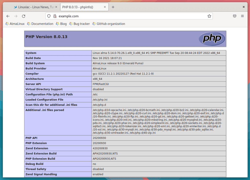 AlmaLinux 9 LEMP installation succeeded