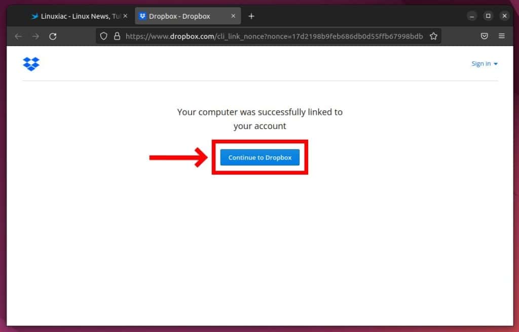 Dropbox account successfully authenticated