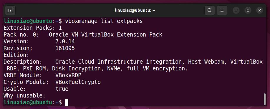 List installed VirtualBox's Extension Packs