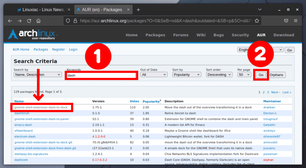 Searching for packages in AUR via web UI