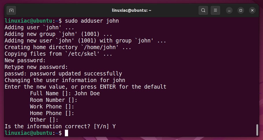 Creating a new user in Linux using the adduser command