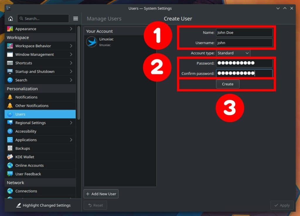 Create a new user in KDE Plasma