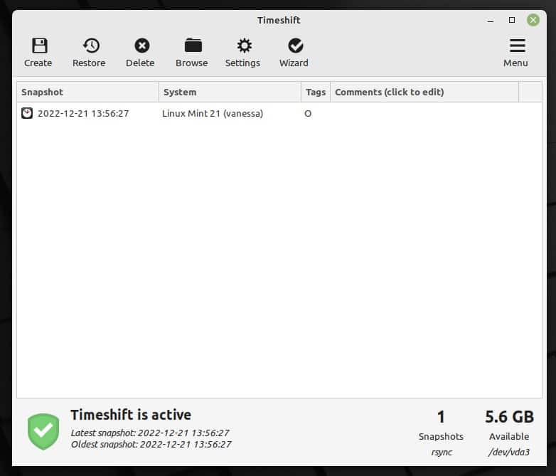 Create a backup with the Timeshift app