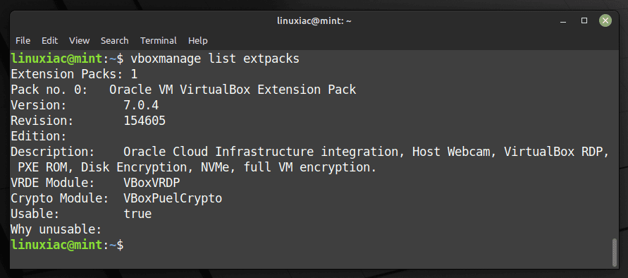 Verify the installed VirtualBox Extension Pack version