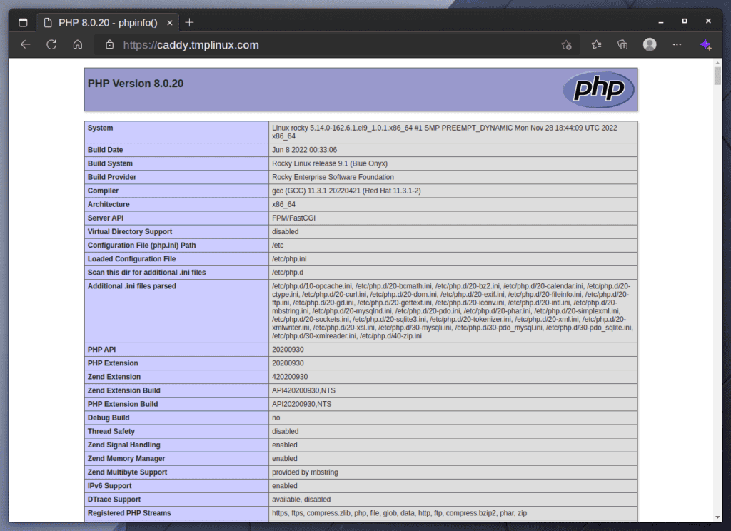 Caddy with PHP 8 and SSL support running on Rocky Linux 9 / Alma Linux 9.