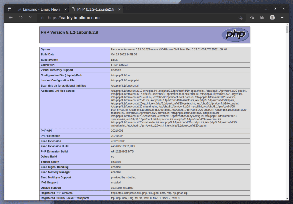 Caddy successfully installed with PHP and SSL support on Ubuntu 22.04