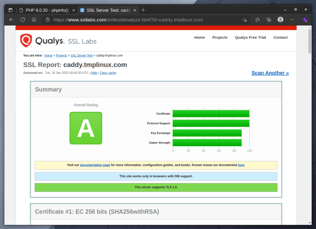 Verify Caddy’s security with Let’s Encrypt certificate at Qualys SSL Labs.