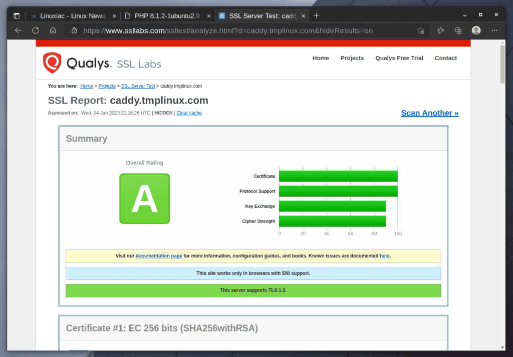 Verify Caddy's security with Let's Encrypt certificate at Qualys SSL Labs.