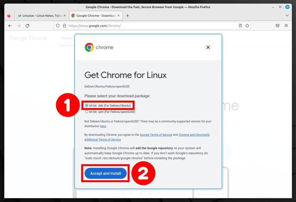 Download the Google Chrome Linux installation package.