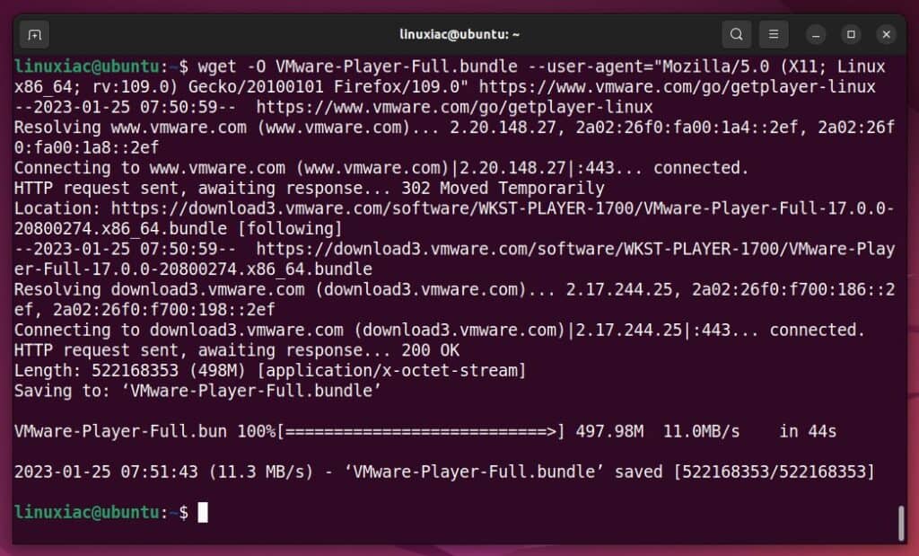 Download VMware Workstation Player via the terminal using the wget command.