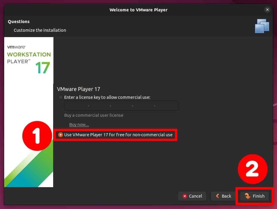 Choose the VMWare Player license type.