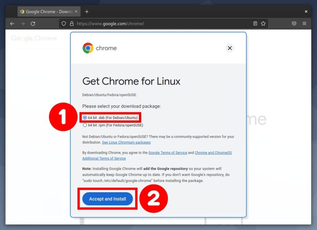 Download the Google Chrome Linux installation package.