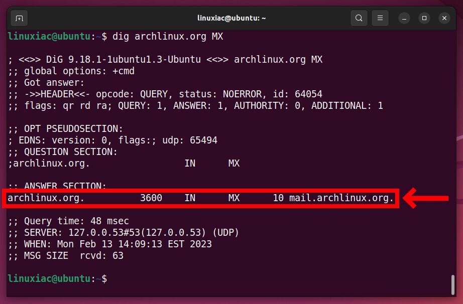 Querying for DNS MX type with dig.